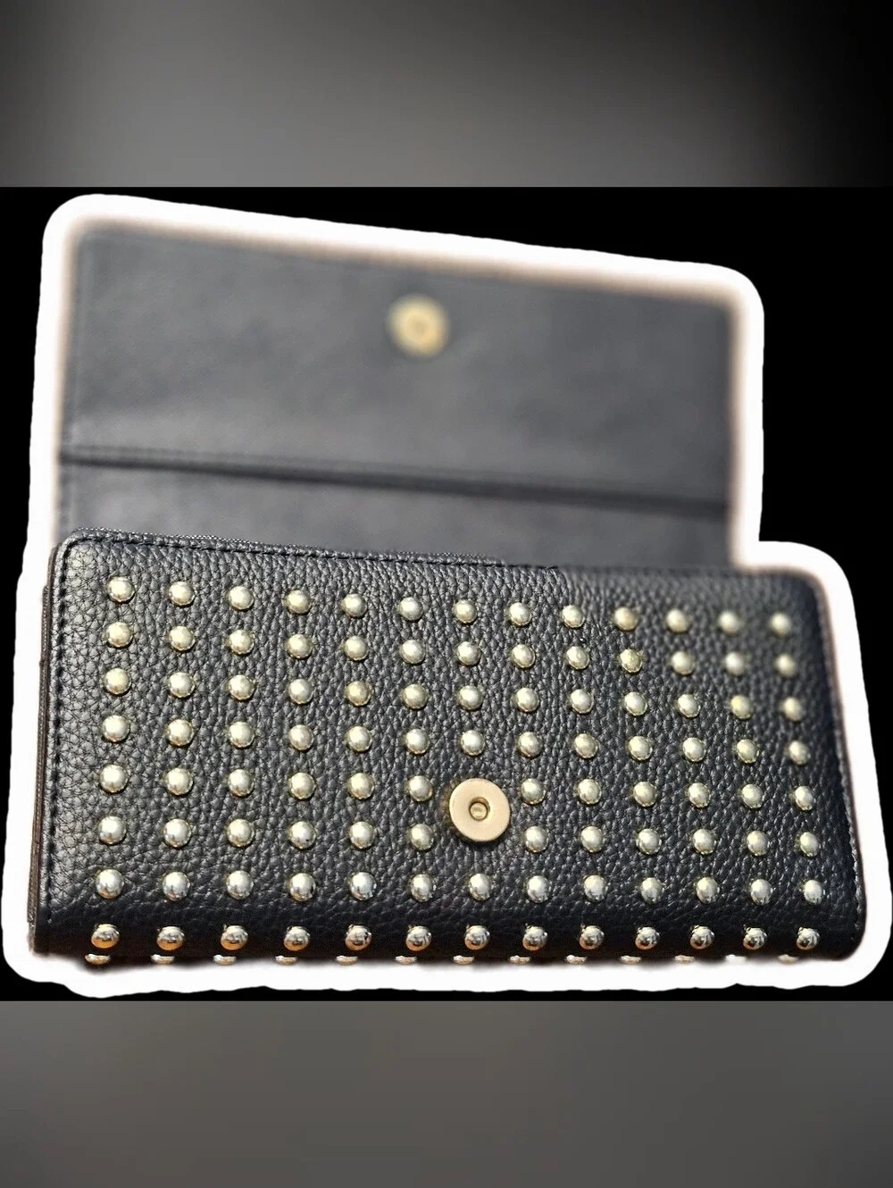 Fashionable Gold Tone Rivet Decorated Trifold Black Long Wallet Daily Use